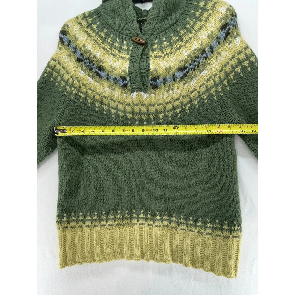 Eddie Bauer Womens Green Fair Isle Mohair Wool Blend Hooded Sweater M